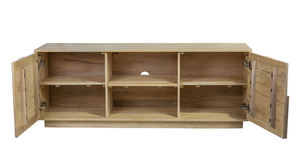 Meuble TV bas Paxton en bois massif naturel avec deux armoires de rangement et étagères ouvertes pour médias - Product Image 4