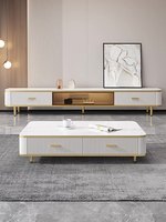 Ensemble Meuble TV et Table Basse Moderne de Luxe en Bois et Marbre, Extensible, avec Tiroirs Carrés Flottants Blancs, Grand Meuble de Salon