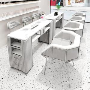 Table de manucure moderne en marbre avec tiroir de rangement et structure métallique – Poste de travail de beauté - Product Image 3