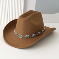 Chapeau de cowboy en feutre noir en gros avec chaîne de conchos turquoise argentée, chapeaux de style western et country