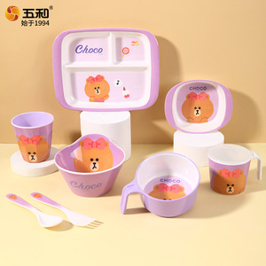 Wu He Choco <b>Bear</b> Kids Melamine Dinner Set Divided Plate Bowl Cup Spoon Fork Cartoon Style Heat Resistant Fresh <b>Cute</b> Design - Product Image 5
