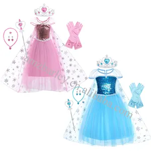 Tv & Film Kostuums Blauw En Roze Kleur Sneeuw Prinses Elsa Jurk Met Lange Mantel Halloween Carnaval Verjaardag Lovertjes Meisje Jurken