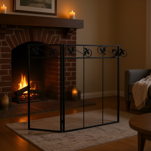 Mampara de Chimenea de 3 Paneles, Malla Metálica, Diseño Clásico, Recubrimiento de Polvo Negro, para Chimeneas de Leña - Product Image 2