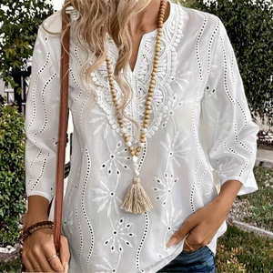 เสื้อผ้าแฟชั่นลำลองสำหรับผู้หญิงสไตล์ยุโรปอเมริกา ฤดูร้อน ทรงหลวม คอวี ดีไซน์เรียบหรู ปักลายดอกไม้ แขนทรงแตร - Product Image 2