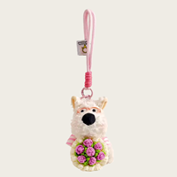 Porte-clés en peluche chien blanc mignon Kawaii avec lunettes roses, chemise rayée et bouquet de fleurs pour sac à dos