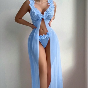 Robe de nuit longue sexy et <span class=keywords><strong>sensuelle</strong></span> pour femme, motif floral, col en V profond, dentelle, fente haute, en maille, ensemble 2 pièces très sexy - Product Image 3