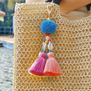Boho Hand-woven Bohemian Layered Ombre Tassel Shell Keychain Purse Handbag Bag Decoration Pendant Shell Conch Tassel Key Chains
