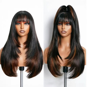 Perruques longues et droites à franges dégradées noires pour femmes, styles brésiliens et vietnamiens, pour femmes noires, vente en gros d'usine - Product Image 5