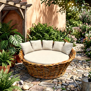 New Modern Minimalist Luxury Outdoor Rattan Daybed Sofa Bed Cushions Set Sponge Filling Solid Wood Cover Resort Hotel Furniture - Product Image 1