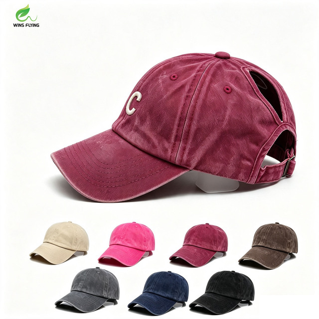 Wins Flying Outdoor Sun-protection Cross-border 6-Panel Baseball Cap Ponytail Hole Washed Distressed Design Custom logo