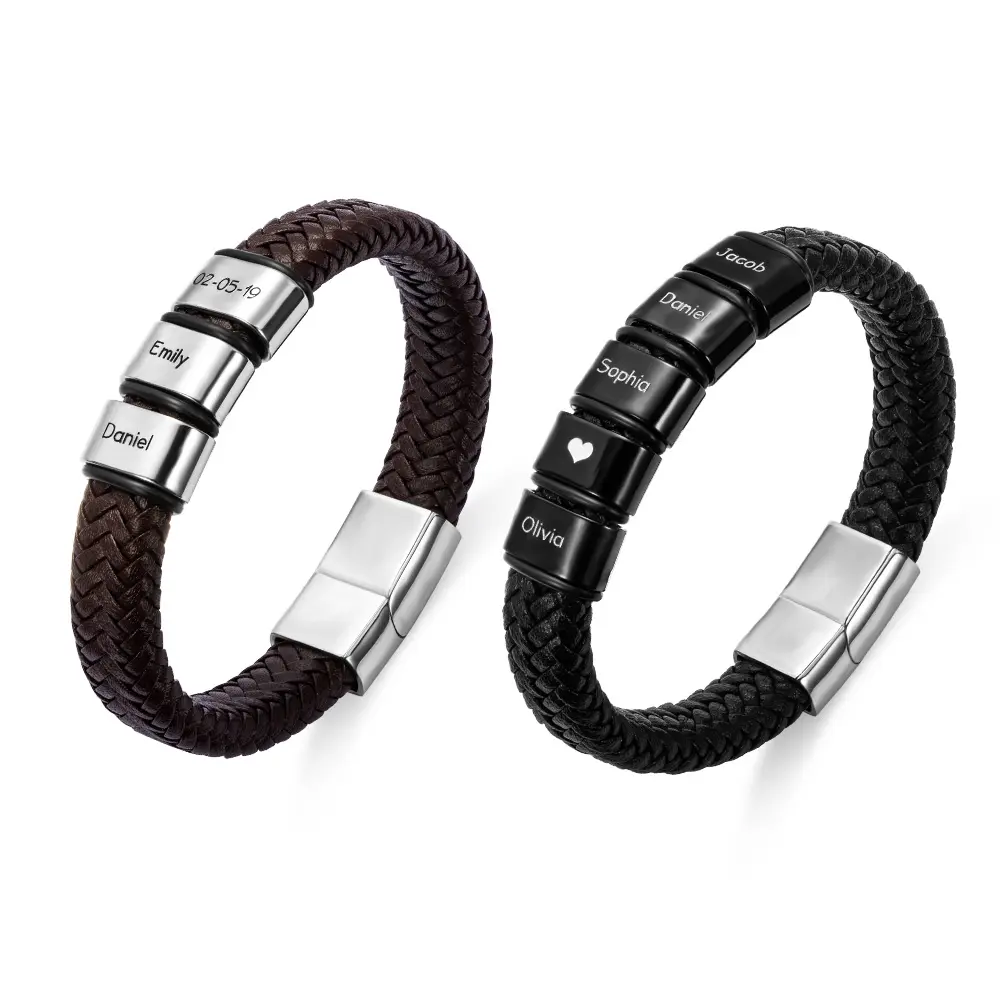 Edelstahl personal isierte gravierte Name Perle braun Armband für Männer Schmuck Custom Weave Black Man Leder Armband