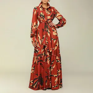 Wholesale Floral Print Turndown Collar Tie Wiat Fashion Long Sleeve Maxi Shirt Dress Lapel Single Breasted Casual Muslim Dress