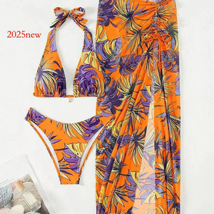 2025 caliente 2024 Bikini falda de gasa conjunto de tres piezas Delgado Sexy espalda descubierta conservador playa traje de baño antiarrugas fino hilado poliéster - Product Image 5