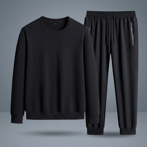 Sweat-shirt à col rond noir pour homme avec pantalon de jogging à cordon de serrage, ensemble décontracté uni à manches longues pour l'automne - Product Image 4