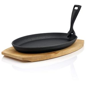 Sartén Fajita <span class=keywords><strong>de</strong></span> <span class=keywords><strong>hierro</strong></span> <span class=keywords><strong>fundido</strong></span>, plato caliente, plato chisporroteante, plato para servir <span class=keywords><strong>de</strong></span> forma ovalada con plato Base <span class=keywords><strong>de</strong></span> madera, sartén para carne - Product Image 3