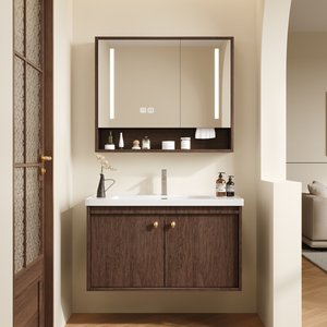 Meuble de salle de bain moderne avec vasque intégrée en céramique et tiroir en bois massif noyer - Product Image 4
