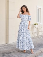 Robe de plage femme florale maxi épaules dénudées manches bouffantes smockée coupe trapèze été Fabrication sur mesure Vente en gros