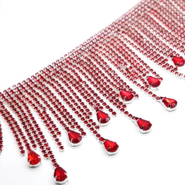 Tr257 toptan metal bardak 9cm kırmızı kristal aplike süsü suni elmas zincir saçak püskül gelin elbise
