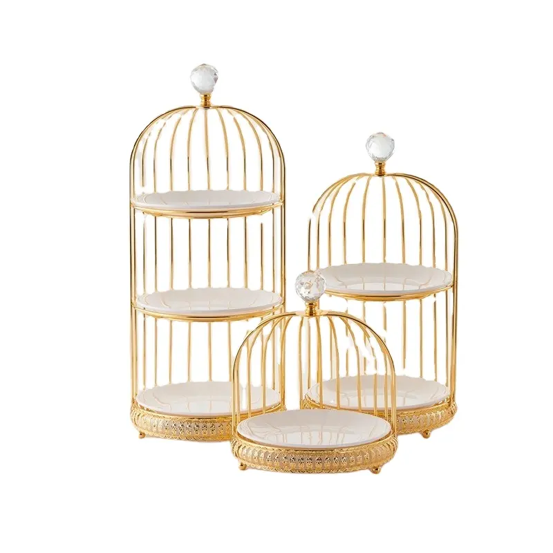 Metalen Gouden Bruidstaart Gereedschap Keramische Display Lade Bruiloft Keramische Cake Stand 2 En 3 Tier Vogelkooi