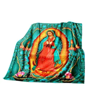 도매 사용자 정의 최신 스타일 승화 인쇄 멕시코 성모 마리아 패턴 두꺼운 폴리 에스테르 플란넬 양털 멕시코 담요