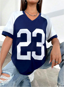 Camiseta de béisbol con cuello en V para mujer, número 23, manga corta, ajuste holgado, ropa deportiva transpirable de poliéster - Product Image 5