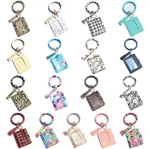 TS New Pu Leather Card Holder Keychain with Tassel Pendant Silicone Beads Bracelet