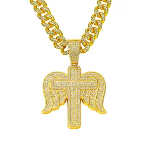 Оптовая продажа мужской сплав горный хрусталь 18k золото крест крыло кулон ожерелье ювелирные изделия