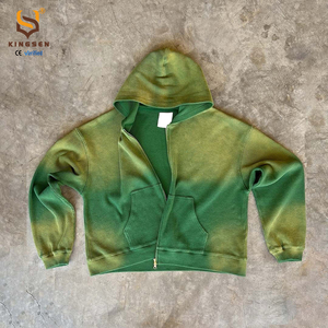 เสื้อฮู้ดดี้สไตล์สตรีทแวร์แบบวินเทจฟอกสีซีดจางด้วยกรดและแสงแดด ทรงโอเวอร์ไซส์ ผ้าวาฟเฟิลถัก ซิปหน้า สำหรับผู้ชาย - Product Image 2