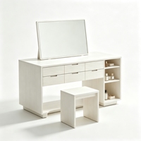 Ensemble coiffeuse moderne et écologique avec miroir inclinable, 4 tiroirs et étagère de rangement à panneaux, tabouret de coiffeuse pour chambre à coucher