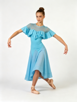 Robe de danse latine bleu clair à volants et manches flottantes, dos ouvert en maille transparente, jupe fluide en mousseline, costume pour femme adulte