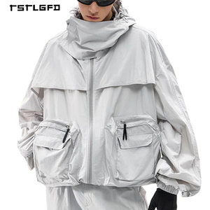 OEM/ODM Light Gray Windbreaker Full Zip Detachable Hood <b>Utility</b> Pockets PVC Trim Relaxed Fit Outerwear - Product Image 1
