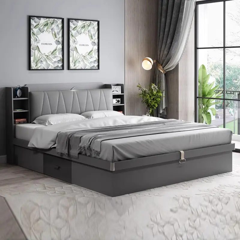 Ensembles modernes en bois meubles de chambre à coucher élévateurs hydrauliques cadre Queen King Size lit avec tiroirs de rangement