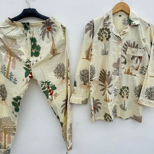 ชุดนอนผ้าฝ้ายลายดอกไม้สำหรับฤดูร้อน ชุดเพื่อนเจ้าสาว ทำมือ เสื้อผ้าผู้หญิง กางเกงขายาว เสื้อเชิ้ต ชุดนอน - Product Image 1