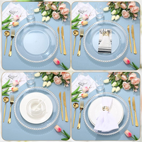 Assiettes à dîner réutilisables en plastique transparent avec perles argentées, vaisselle de fête, assiettes rondes en PS pour mariage, anniversaire, banquet