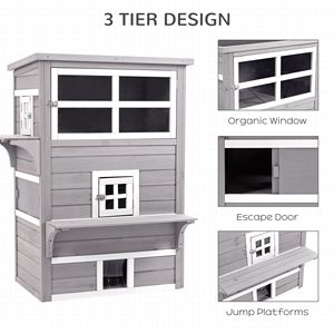 คอนโดแมว3ชั้นบ้านแมวบ้านสำหรับแมวกลางแจ้งพร้อมพื้นยกหลังคายางมะตอยประตูกระโดดหนี - Product Image 6
