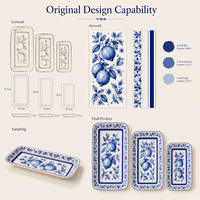 Ensemble d'assiettes rectangulaires en céramique bleu et blanc personnalisées avec motif floral citronné, plat de service en céramique, fournisseur en gros OEM ODM