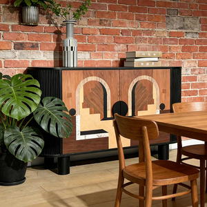 Buffet de salle à manger moderne de luxe Art Déco en bois massif avec incrustations en noyer, cannelé noir, <span class=keywords><strong>meuble</strong></span> de rangement - Product Image 3