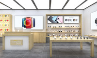 Présentoir de téléphones portables personnalisé style bois pour magasin d'électronique – Conception d'intérieur pour boutique de téléphonie mobile