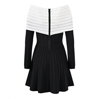 Robe Courte Sexy Épaules Dénudées Manches Longues Coupe Trapèze Noire et Blanche avec Nœud en Tricot – Vêtements Féminins Élégants et Tendance