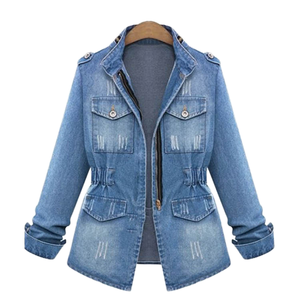 Nouvelle veste en jean coréenne automne-hiver 5XL pour femmes, veste longue ajustée, veste en jean décontractée bleu <span class=keywords><strong>marine</strong></span> effilochée pour femmes - Product Image 5