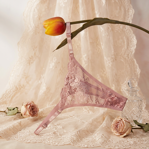 Culottes string roses en dentelle florale pour femmes, à taille basse, avec bretelles réglables, en maille transparente, lingerie sexy pour femmes, vente en gros - Product Image 1