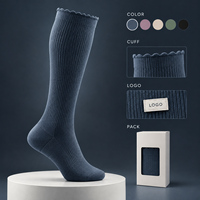 Chaussettes de compression à la lavande, soutien gradué du mollet, tableau de correspondance des tailles, manchette plus large, construction tricotée à bout plat, gradation des tailles, lavage