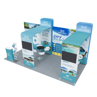Stand d'exposition portable 10 pieds x 20 pieds, affichage en tissu élastique, avec écran TV et comptoir d'accueil.