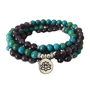 SN1452 108 perles de prière Mala collier ou Bracelet Lotus charme bouddhiste bijoux Mala améthyste & Chrysocolla Bracelet perlé femmes
