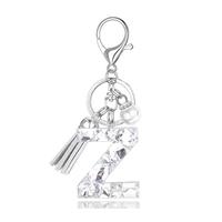 Porte-clés lettre B en cristal transparent avec pompon et perle, porte-clés alphabet brillant, pendentif de sac élégant plaqué argent, cadeau