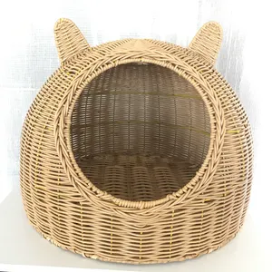 Cama de gato em vime para gatos, cama de gato moderna coberta com casas de rattan, animais de estimação, cesta dome
