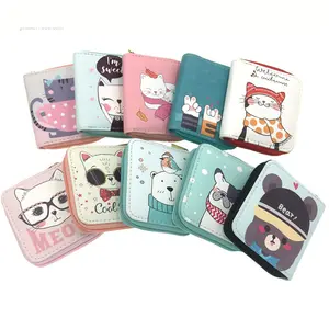 Factory price China supplier custom made New Cute cat printing zipper mini coin purse and pu leather keychain wallet for girls