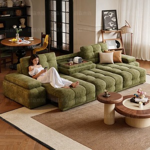 Sofá seccional moderno de tela chenilla verde con respaldo capitoné y estructura de madera maciza para sala de estar - Product Image 5
