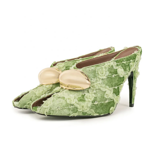 Metal Ornament Women Lace Flower Sandals Hook High Heels Stiletto Dress <b>Shoes</b> Party Peep Toe Slides Mules - Product Image 1
