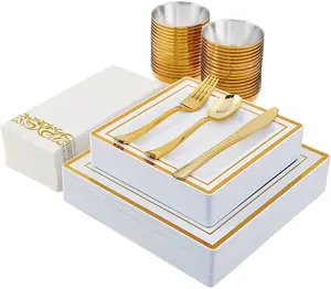175 Stück Gold-Geschirrset für 25 Gäste, quadratische Kunststoffteller Goldrand einweg schwer mit Tasse, Windel, Silbergeschirrset